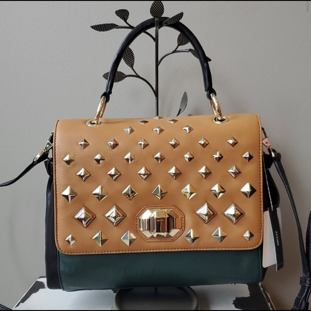 DKNY GREEN GOLD STUDDED SATCHEL